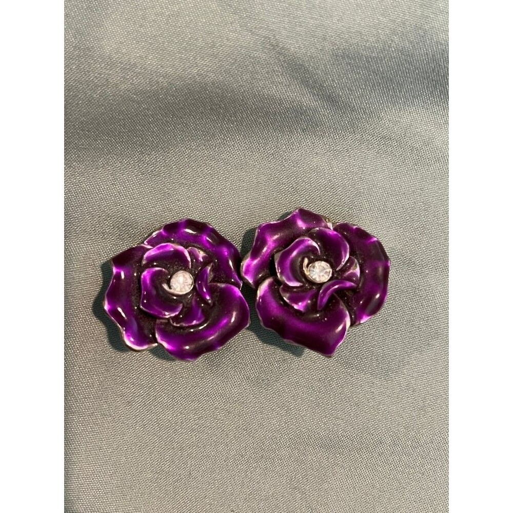 Vintage Purple Enamel Rose Clip-On Earrings with Rhinestone
